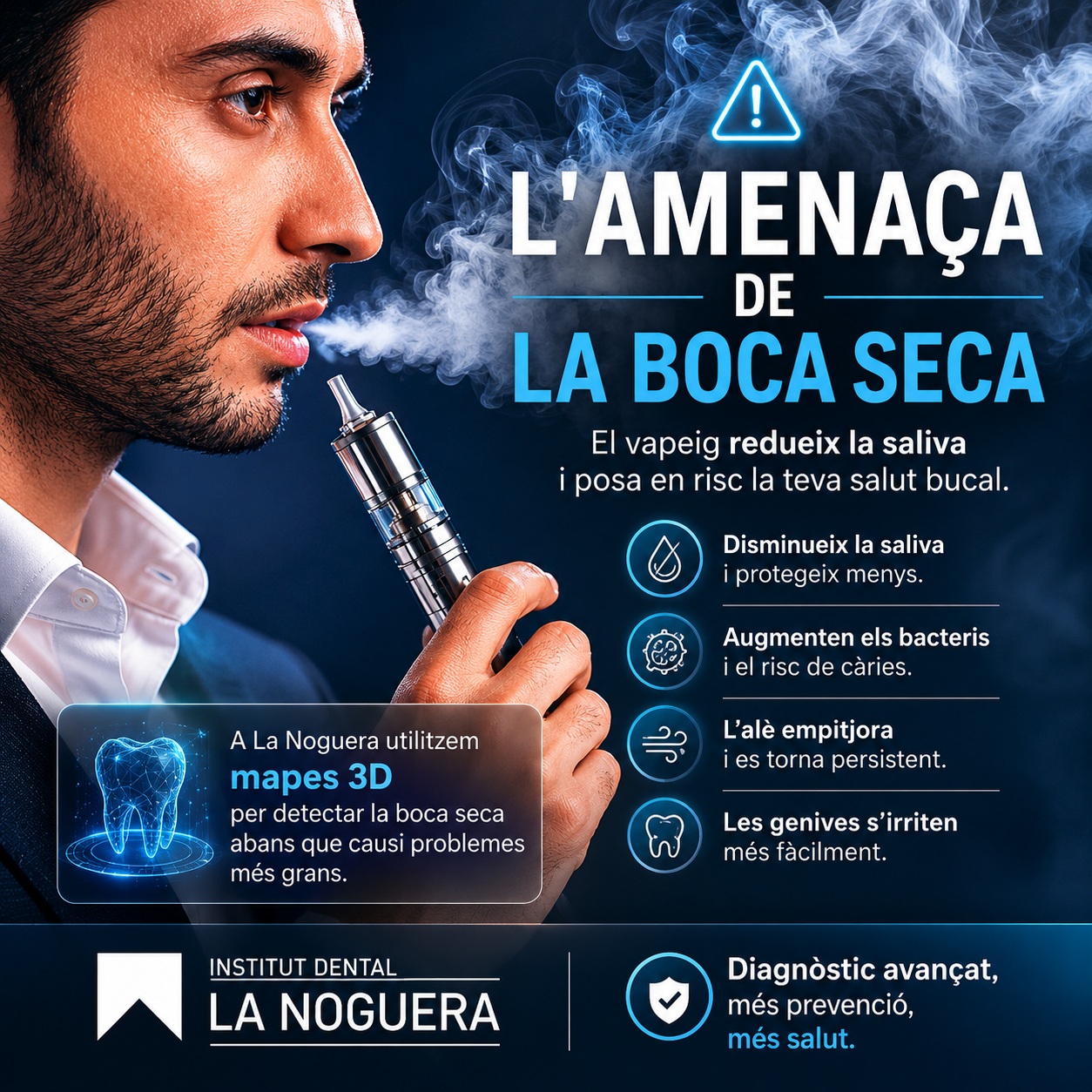 La boca seca no és “normal”. I el vapeig pot ser una de les causes. Quan disminueix la saliva: • augmenten els bacteris • apareix més risc de càries • l’alè empitjora • i les genives es poden irritar més fàcilment.